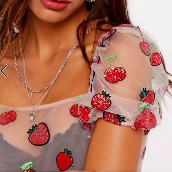 NWT Pink Strawberry & Cherry Sequin Peplum Puff Sleeve Sheer Top - Picture 3 of 6